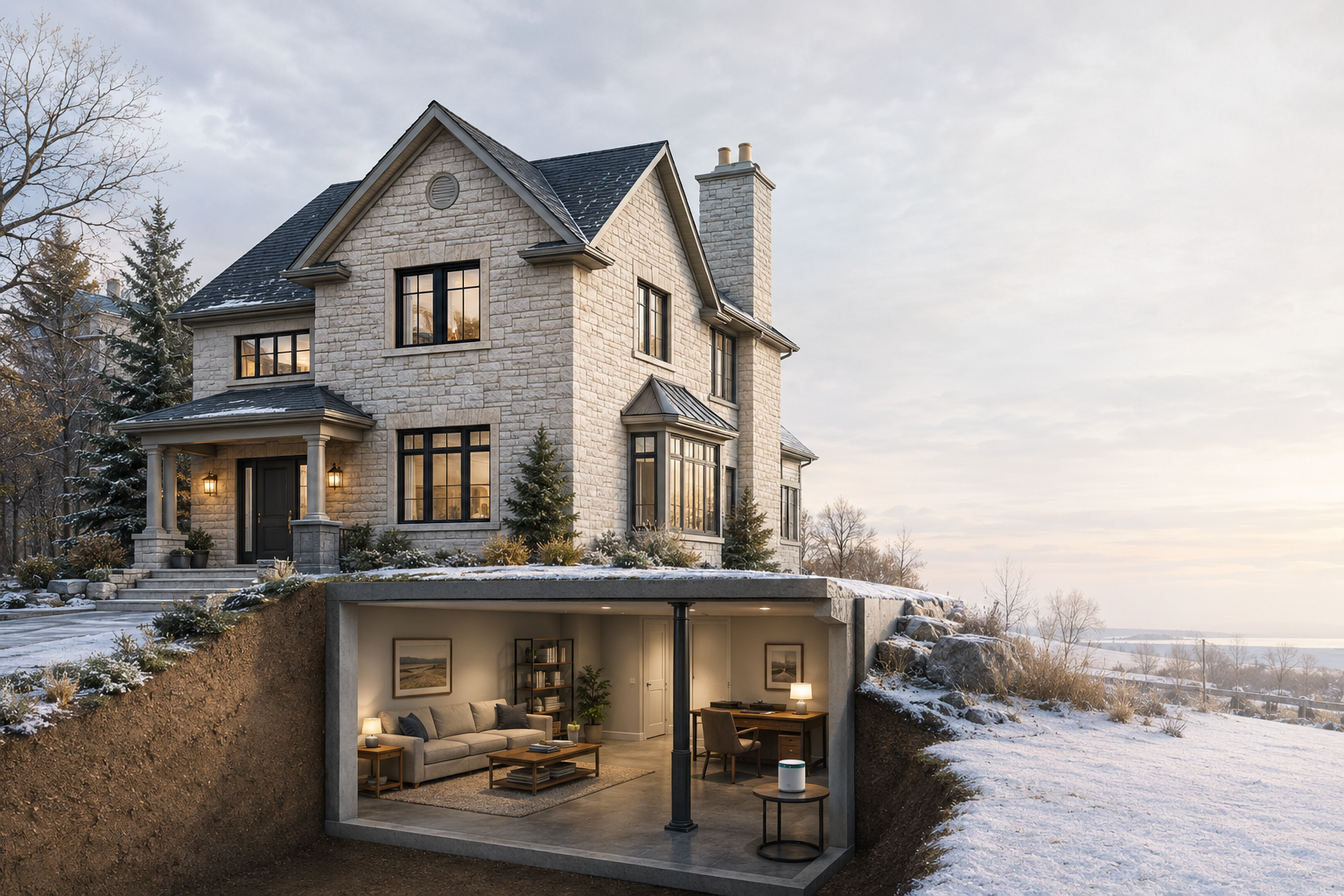 Illustration of a Kingston-area limestone home with a cutaway view of a finished basement and radon detector